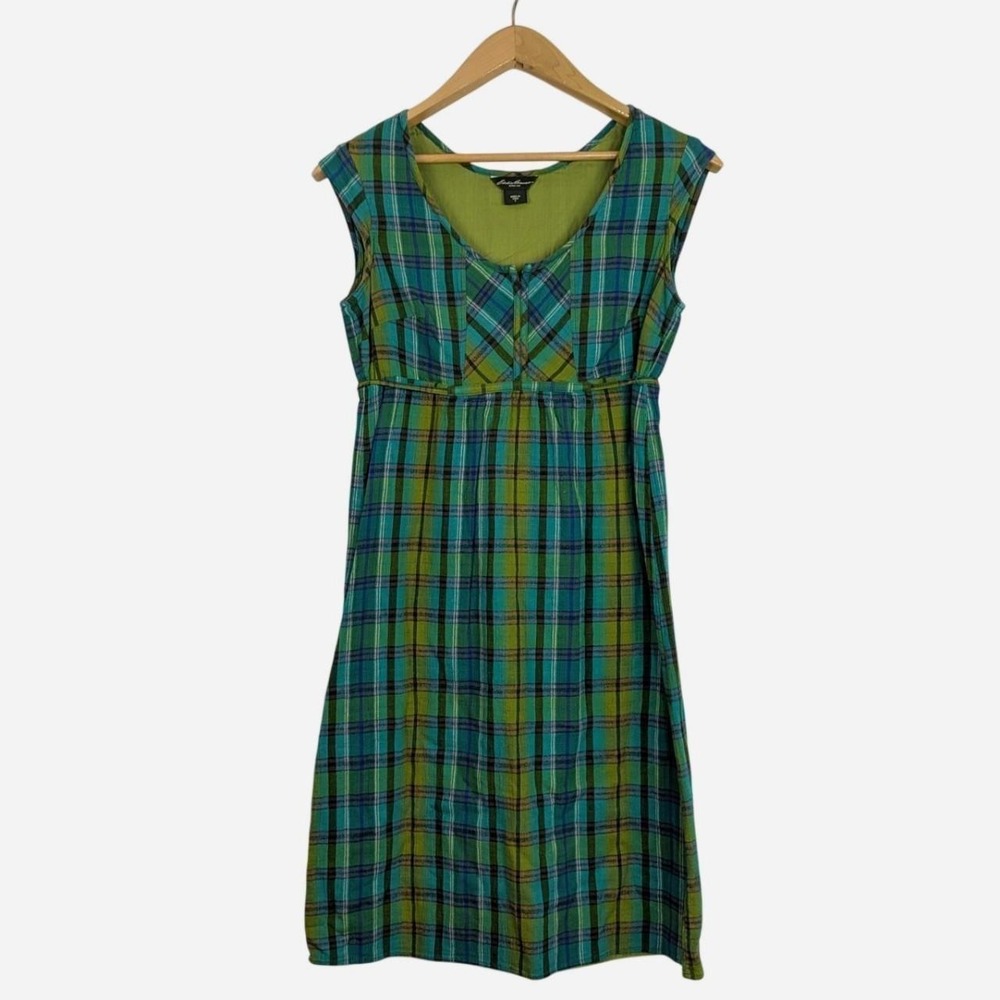 Vintage Eddie Bauer Plaid Cotton Tie Waist Midi Dress Size 2